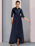 Kleid für die Brautmutter, elegant, Übergröße, hoher niedriger Hemdkragen, asymmetrisch, bodenlang, Satin, 3/4-Ärmel, mit Schärpe/Band, Schleife(n), Falten, Kleid für die Brautmutter