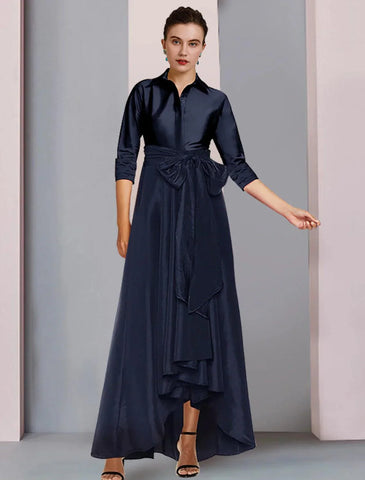 Kleid für die Brautmutter, elegant, Übergröße, hoher niedriger Hemdkragen, asymmetrisch, bodenlang, Satin, 3/4-Ärmel, mit Schärpe/Band, Schleife(n), Falten, Kleid für die Brautmutter