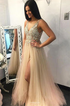 Chic A-line V-neck Appliques Beading Backless Long Prom Dress with Slit