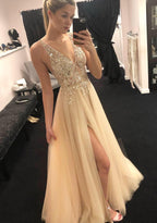 Chic A-line V-neck Appliques Beading Backless Long Prom Dress with Slit
