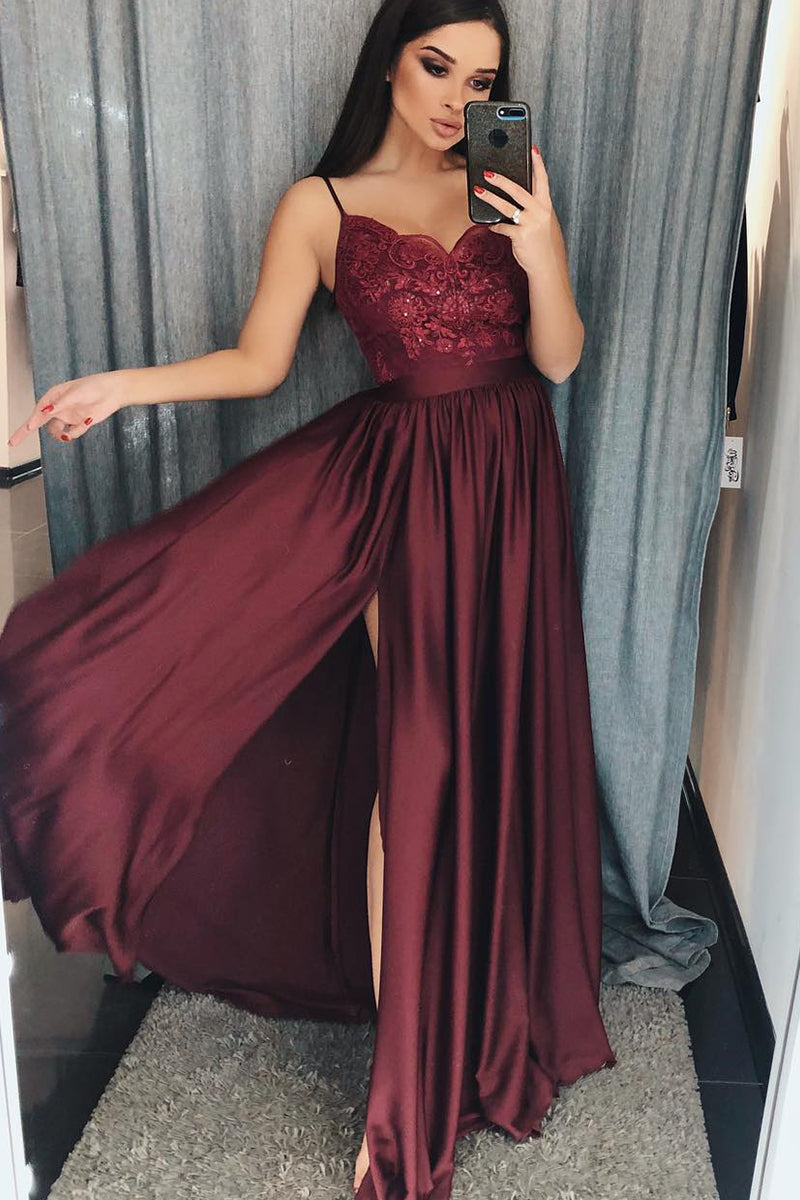 Chic A-Line V-neck Chiffon Lace Long Prom Dress With Slit