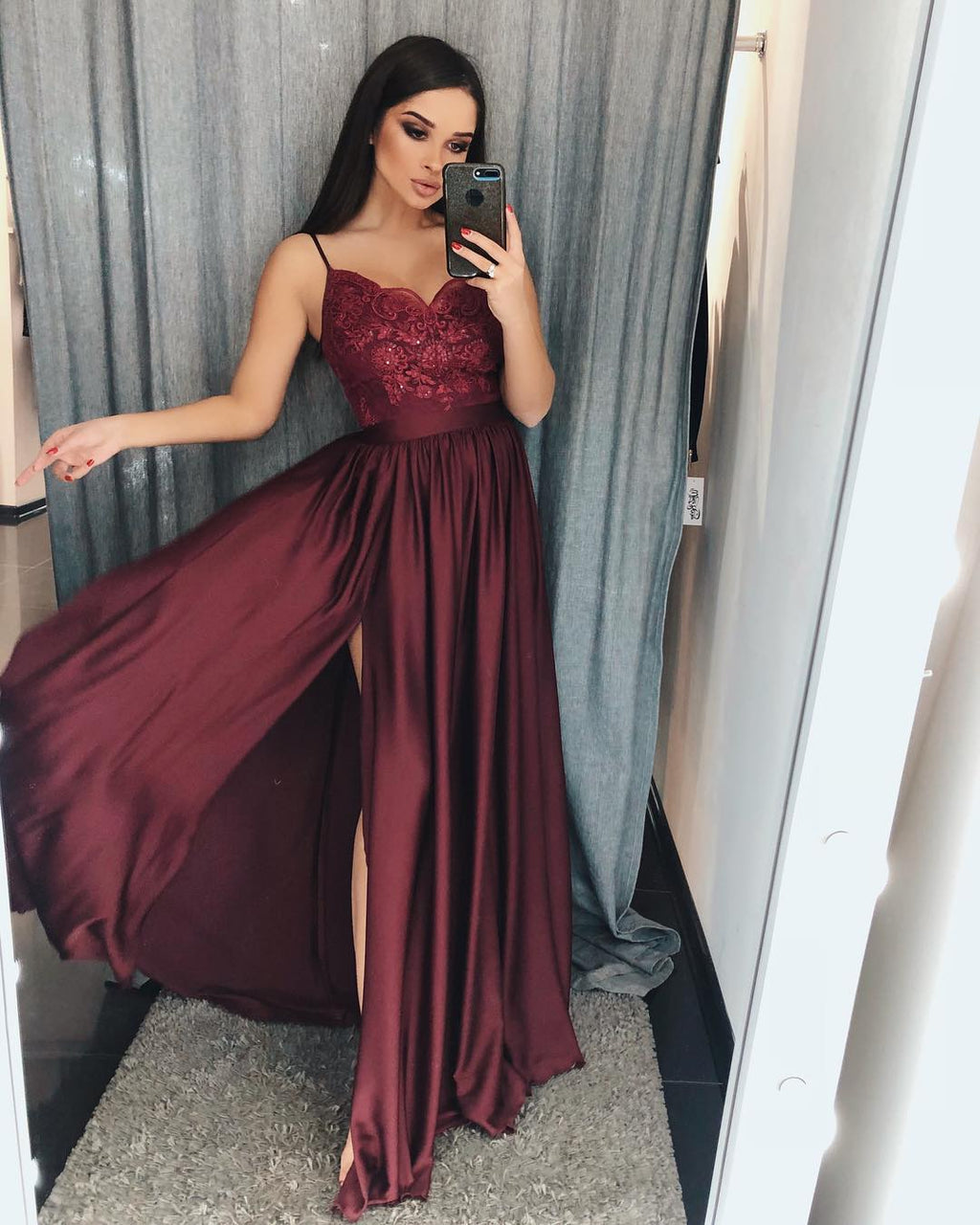 Chic A-Line V-neck Chiffon Lace Long Prom Dress With Slit