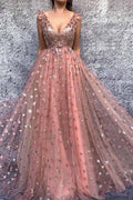 Schicke A-Linie V-Ausschnitt Ballkleider Rosa Langes Ballkleid Abendkleider PSK071