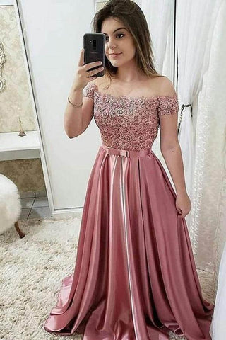 Chic Off Shoulder Floor Length Satin Lace Burgundy Prom Dress PG897