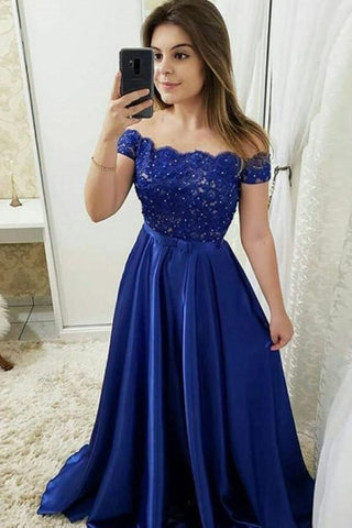 Chic Off Shoulder Floor Length Satin Lace Burgundy Prom Dress PG897