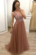 Robe de bal chic longue en ligne A à paillettes, dos nu en tulle