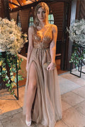 Chic Long A-line V-neck Beading Tulle Backless Prom Dress with Slit