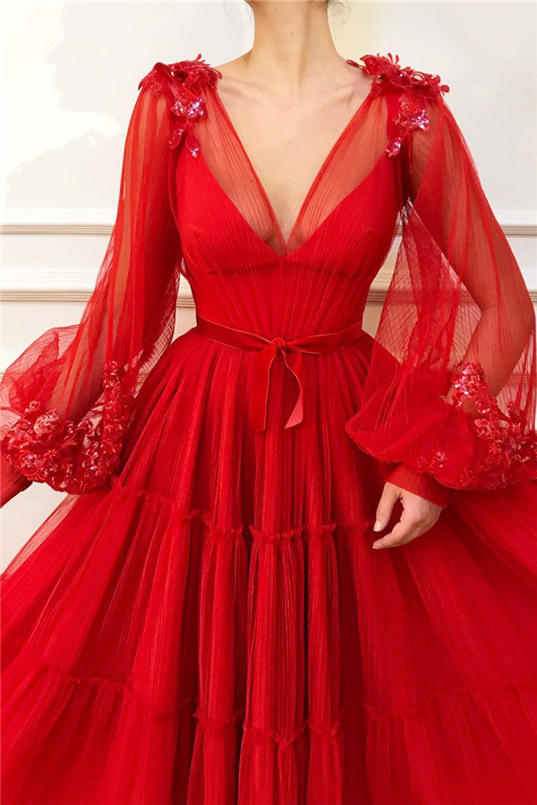 Chic Long A-line V-neck Tulle Red Prom Dress with Sleeves