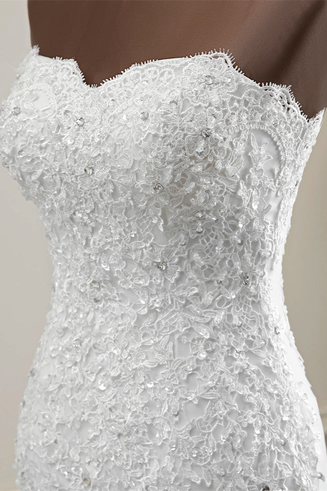 Vestido de Noiva Chic Longo Sereia Sem Alças com Aplicações de Renda