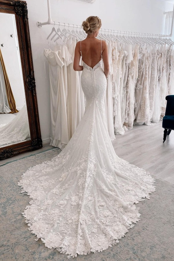 Elegantes langes Meerjungfrau-Süßherz-Trägerloses Spaghettiträger-Spitzen Rückenfreies Brautkleid