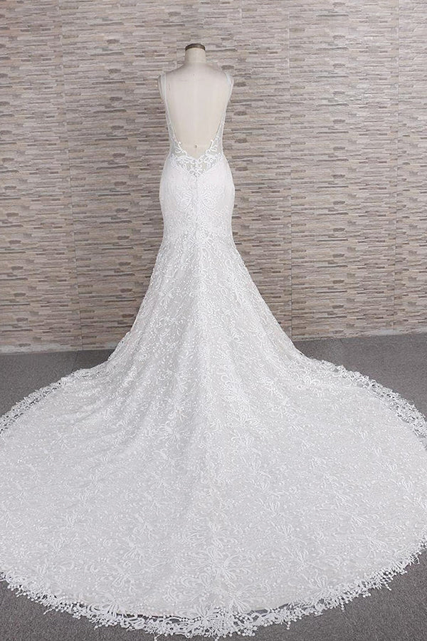 Abito da Sposa Chic Lungo a Sirena con Scollatura a Cuore, Spalline Sottili, Pizzo e Appliques