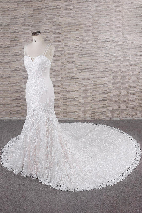 Chices langes Meerjungfrau-Süßherz-Trägerkleid mit Applikationen und Spitze für die Hochzeit