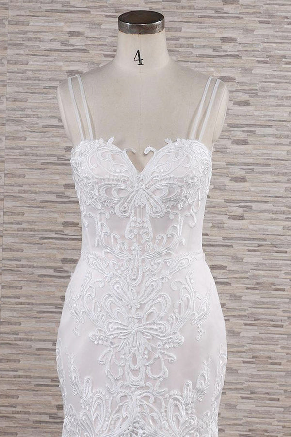Abito da Sposa Chic Lungo a Sirena con Scollatura a Cuore, Spalline Sottili, Pizzo e Appliques