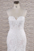 Abito da Sposa Chic Lungo a Sirena con Scollatura a Cuore, Spalline Sottili, Pizzo e Appliques