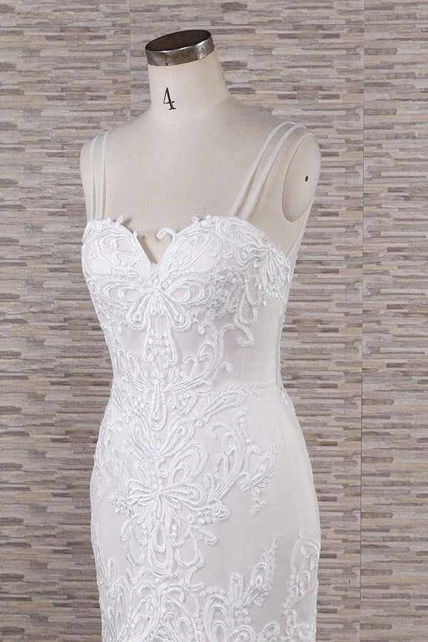 Abito da Sposa Chic Lungo a Sirena con Scollatura a Cuore, Spalline Sottili, Pizzo e Appliques