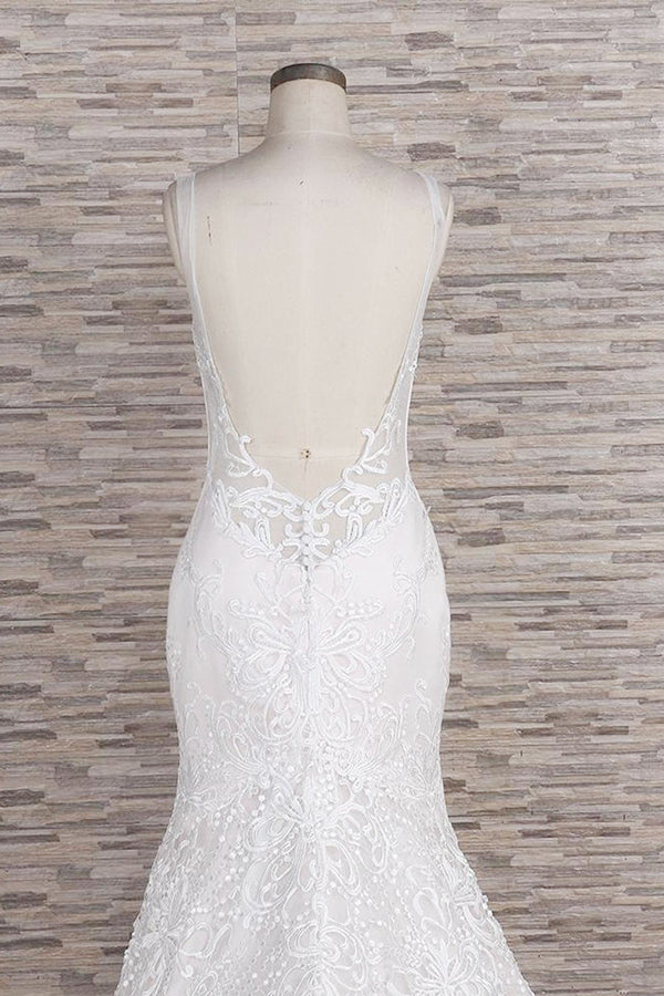 Abito da Sposa Chic Lungo a Sirena con Scollatura a Cuore, Spalline Sottili, Pizzo e Appliques