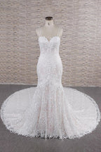Abito da Sposa Chic Lungo a Sirena con Scollatura a Cuore, Spalline Sottili, Pizzo e Appliques