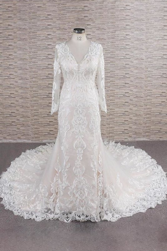 Chic Langarm-Applikationen Meerjungfrau elegante Hochzeitskleider