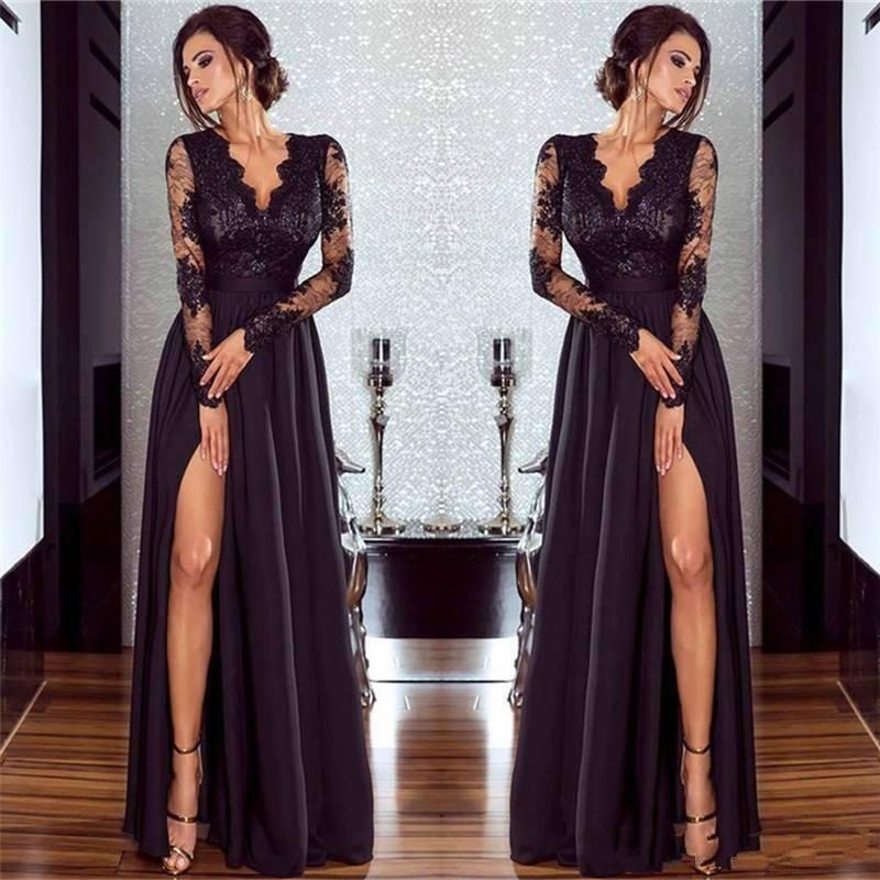 Chic Long Sleeves A-line V-neck Chiffon Lace Prom Dress with Slit