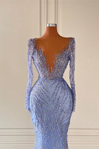 Chic Long Sleeves Sequins Beadings Mermaid Evening Dress with V-Neck