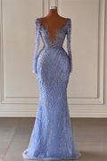 Vestido de Noche Largo de Manga Larga con Lentejuelas y Abalorios Estilo Sirena y Escote en V