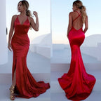 Chic Mermaid V-neck Backless Long Prom Dress with Slit