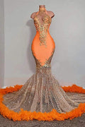 Robe de bal chic sirène longue orange à col halter sans manches en tulle