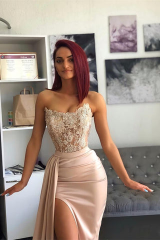 Chic Long Mermaid Sweetheart Satin Applique Lace Evening Dress with Slit