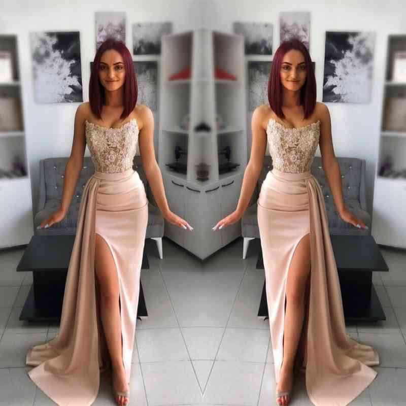 Chic Long Mermaid Sweetheart Satin Applique Lace Evening Dress with Slit