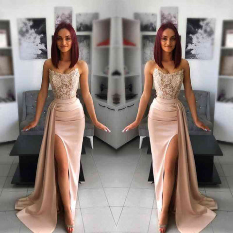 Chic Long Mermaid Sweetheart Satin Applique Lace Evening Dress with Slit
