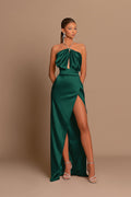 Elegante Vestido de Noche Largo y Sin Mangas en Verde Oscuro, Estilo Sirena con Abertura Lateral
