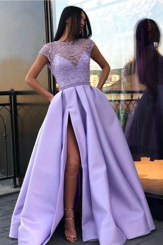 Chic Satin Lavender Long Prom Dress With Split Beading PG672