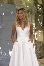 Chic Short A-line V neck Satin Backless Formal Prom Dresses with Pockets