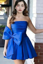 Vestidos sin Mangas Estilosos con Fruncidos Cortos para el Baile de Regreso a Casa, Vestido Sencillo de Fiesta Mini con Lazo