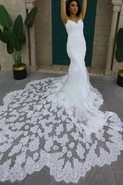 Abito da Sposa Sirena Chic Senza Maniche con Spalline Sottili e Strascico a Cappella