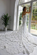 Abito da Sposa Sirena Chic Senza Maniche con Spalline Sottili e Strascico a Cappella
