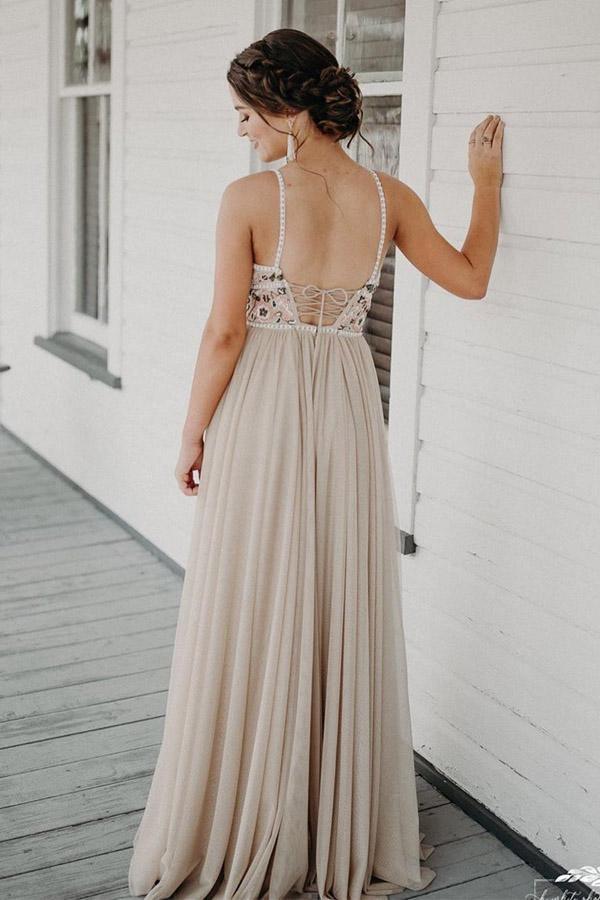 Vestido de noite comprido, elegante, de alças finas e decote nas costas, corte A, PSK083