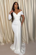 Elegante Vestido de Noche Blanco de Tirantes Caídos con Mangas Largas y Cola de Sirena