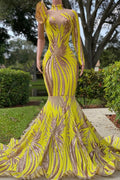 Robe de bal chic jaune longue sirène col haut en tulle et dentelle avec manches