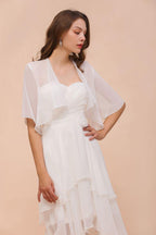 Chiffon Bridesmaid Dress 3/4 Sleeves Mini Knee Length Layers Special Occasion Dress with Wraps