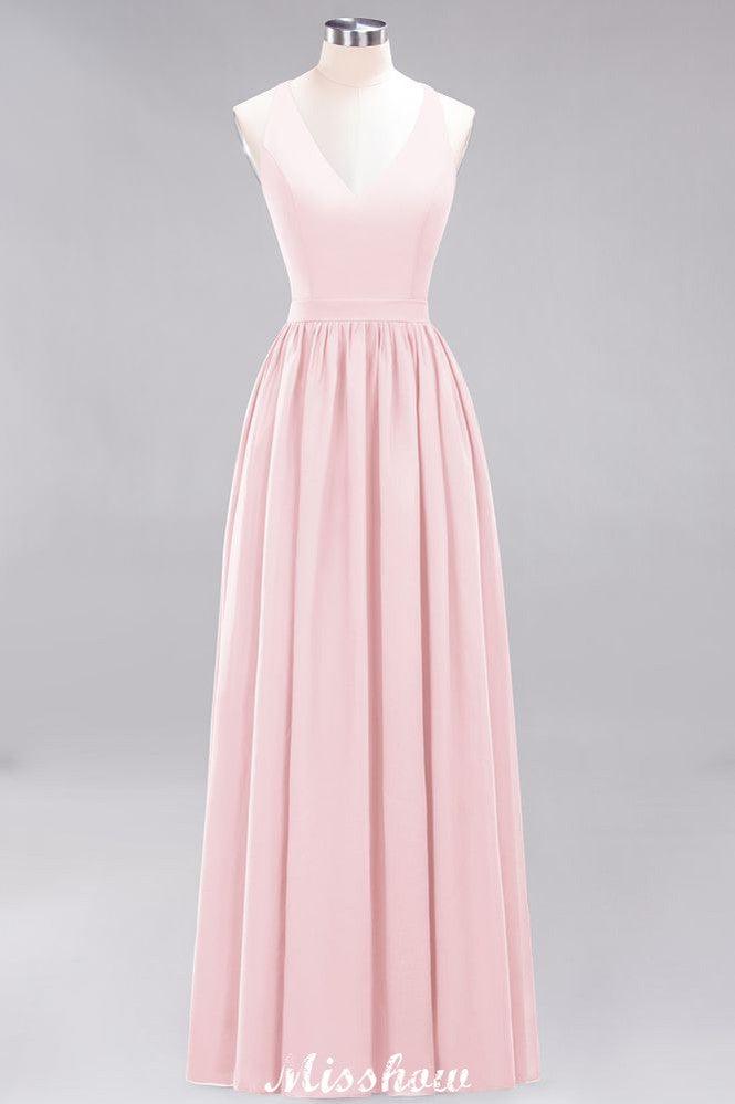 Chiffon Lace A-line Bridesmaid Dresses | V-Neck Sleeveless Floor Length Maid of the Honor Dresses
