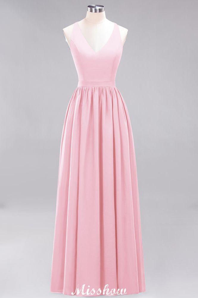 Chiffon Lace A-line Bridesmaid Dresses | V-Neck Sleeveless Floor Length Maid of the Honor Dresses