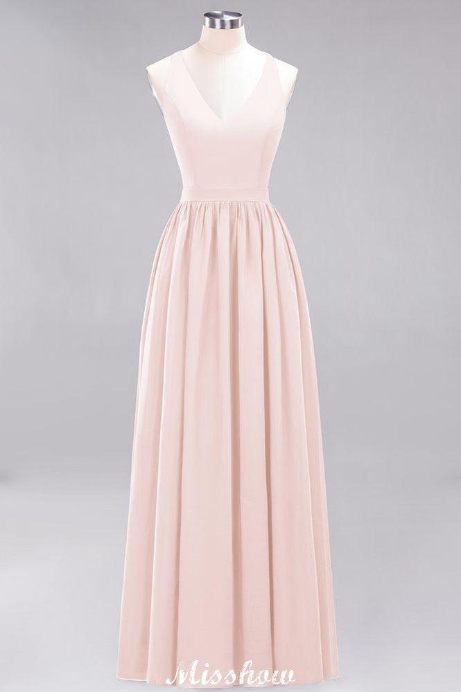 Chiffon Lace A-line Bridesmaid Dresses | V-Neck Sleeveless Floor Length Maid of the Honor Dresses