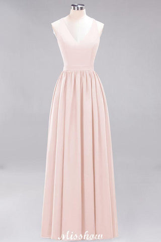 Chiffon Lace A-line Bridesmaid Dresses | V-Neck Sleeveless Floor Length Maid of the Honor Dresses