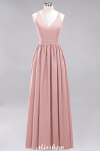 Chiffon Lace A-line Bridesmaid Dresses | V-Neck Sleeveless Floor Length Maid of the Honor Dresses
