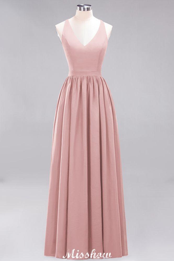 Chiffon Lace A-line Bridesmaid Dresses | V-Neck Sleeveless Floor Length Maid of the Honor Dresses