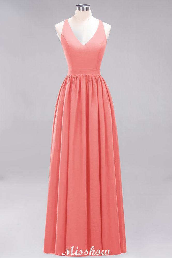 Chiffon Lace A-line Bridesmaid Dresses | V-Neck Sleeveless Floor Length Maid of the Honor Dresses