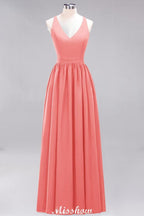 Chiffon Lace A-line Bridesmaid Dresses | V-Neck Sleeveless Floor Length Maid of the Honor Dresses