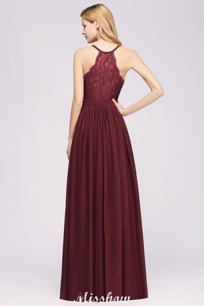 Chiffon Lace A-line Bridesmaid Dresses | V-Neck Sleeveless Floor Length Maid of the Honor Dresses