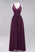 Chiffon Lace A-line Bridesmaid Dresses | V-Neck Sleeveless Floor Length Maid of the Honor Dresses